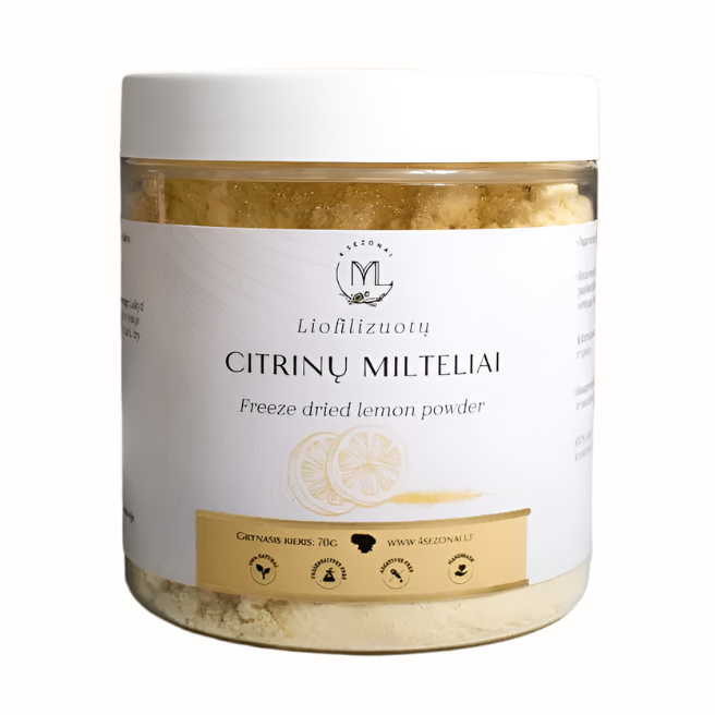 A glass jar containing freeze-dried lemon powder with a white lid and a label that reads "Freeze dried lemon powder" along with an illustration of lemon slices. The label includes the Lithuanian product name "Citrinų milteliai," and a net weight of 70g.
