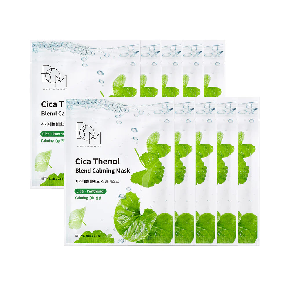 BOM Cica Thenol Blend Calming Mask - raminančios odą lakštinės veido kaukės, 10vnt