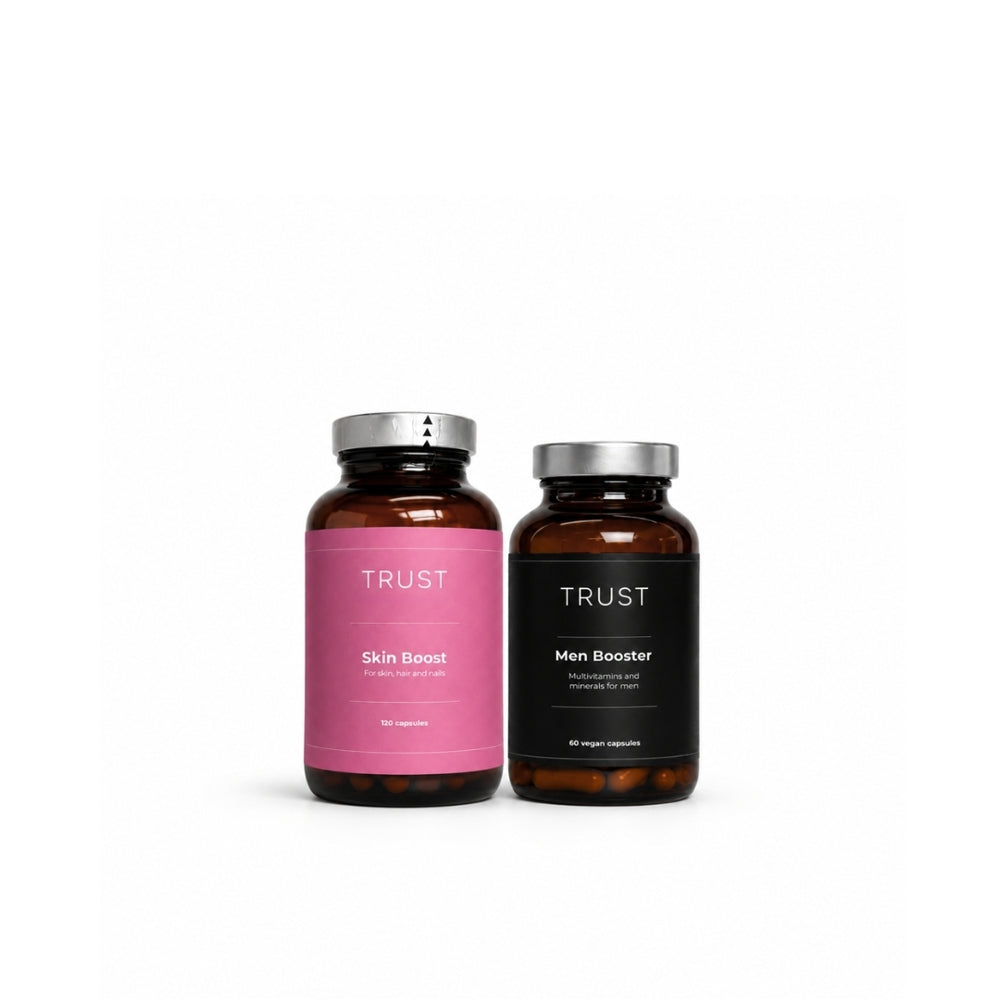 Rinkinys porai: TRUST Skin Boost maisto papildų kompleksas moterims + Men Booster vitaminų kompleksas vyrams