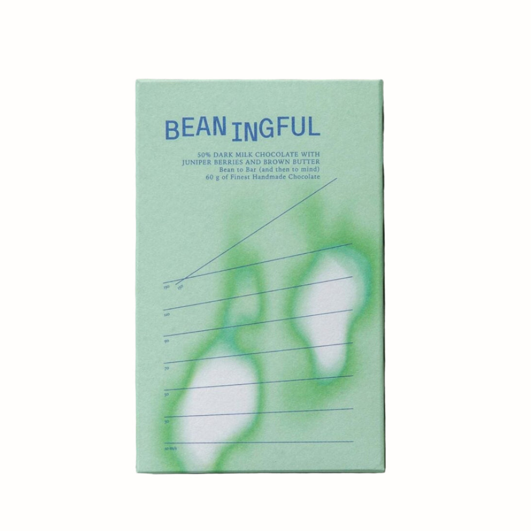 A green wrapper for a chocolate bar with blue lines and text. The wrapper features the product name "Beaningful" and highlights the ingredients of the chocolate, including juniper berries and brown butter, along with a logo and "Bean to Bar" text.