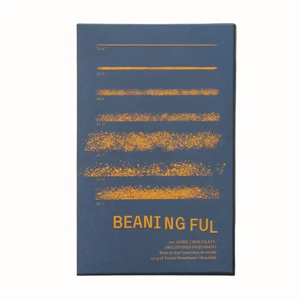 A bar of 70% dark chocolate from the Philippines, with a unique design featuring orange lines in varying thicknesses. The chocolate wrapper displays detailed information about the chocolate's origin, paired with creative graphical elements on a deep blue background.