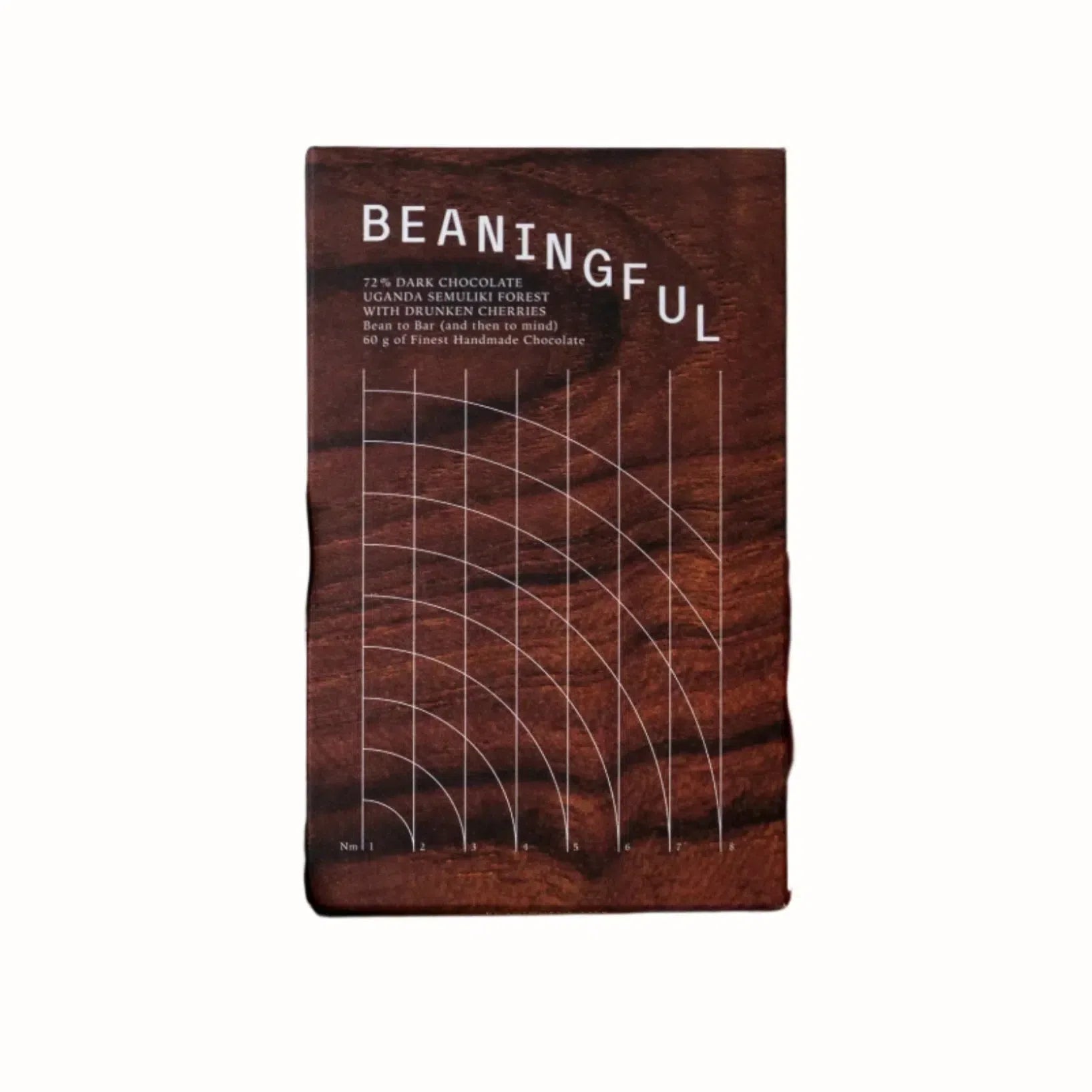 A 60g chocolate bar packaging from Beaningful, featuring 72% dark chocolate from Uganda's Semuliki Forest with drunken cherries. The minimalist design includes the product name and a description, with a grid pattern on the packaging.