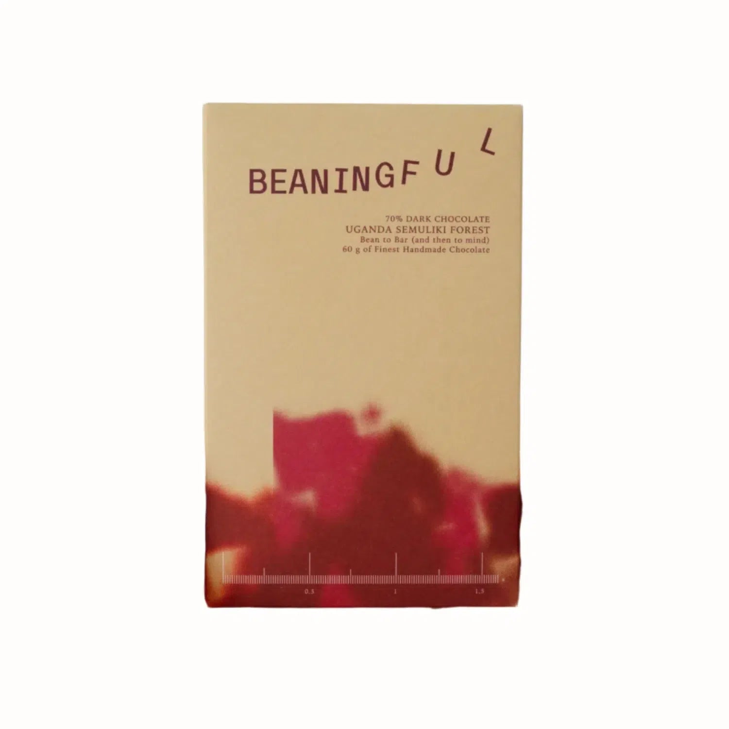 A 70% dark chocolate bar from Uganda's Semuliki Forest, featuring a rich design with deep red hues and a unique graphical element. The wrapper includes essential product details such as the chocolate's origin, with the phrase "Bean to Bar" and a creative artistic representation.