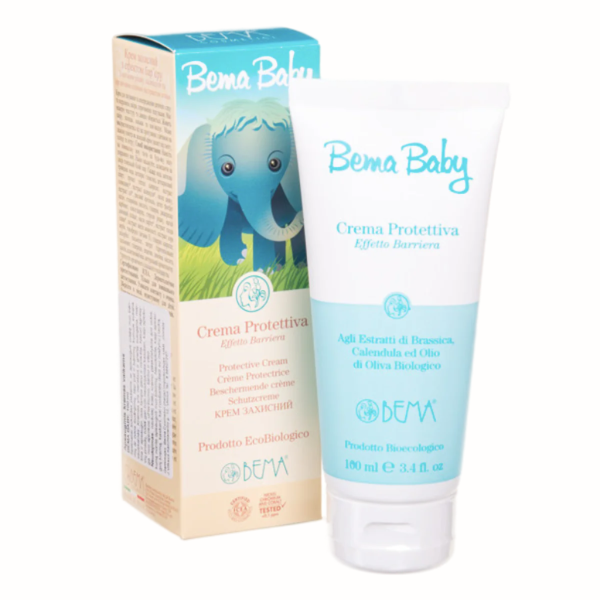 A tube of Bema Baby Protective Cream with a light blue elephant design on the packaging. The product is labeled "Crema Prottettiva Effetto Barriera" in multiple languages and contains extracts of calendula, brassica, and organic olive oil. The cream comes in a 100 ml tube, and the box packaging features similar branding with the product description in various languages.