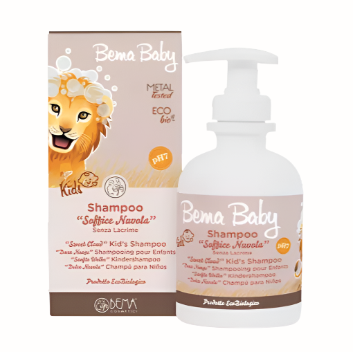 A bottle of Bema Baby Sweet Cloud Kid's Shampoo with a lion-themed label, featuring a "no tears" formula. The product is designed for children and is labeled as pH 7 with "Metal Tested" and "Eco Bio" certifications. It is available with a convenient pump dispenser and comes with a matching box.