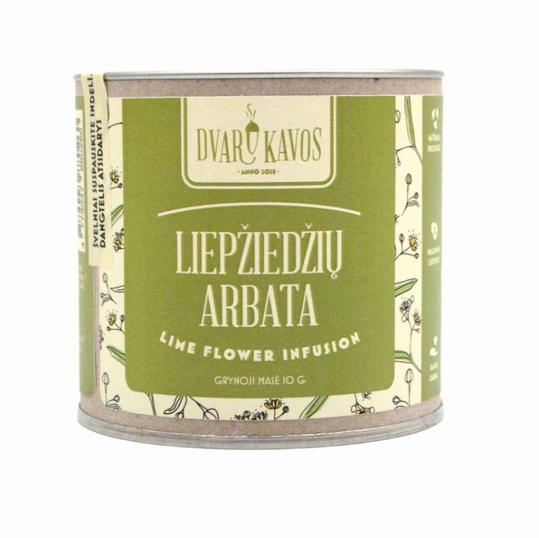 A can of Dvaro Kavos lime flower infusion with a green label featuring the Lithuanian text "Liepžiedžių Arbata" and "Lime Flower Infusion" in English. The design includes illustrations of lime flowers. The product is labeled with a net weight of 10g.