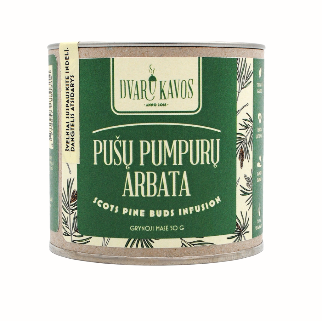 A can of Dvaru Kavos Scots Pine Buds Infusion, featuring a green label with the Lithuanian text "Pusių Pumpurų Arbata" and "Scots Pine Buds Infusion" in English. The product is packaged in a cardboard canister, with illustrations of pine branches on the label. It is marketed with a net weight of 50g and highlights the infusion’s natural, herbal qualities.
