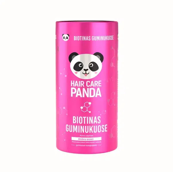 A pink container with a panda logo, filled with biotin-infused gummy supplements. The label reads "Biotinas Guminukuose," meaning "Biotin in Gummies," with a strawberry flavor.