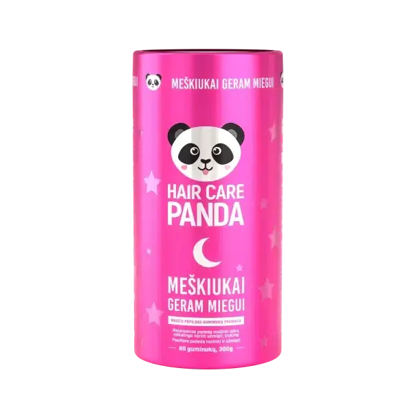 A bright pink canister labeled "Hair Care Panda" with a cute panda face and stars, designed for children. It contains 60 gummies (300g) promoting good sleep with a fun and playful design.