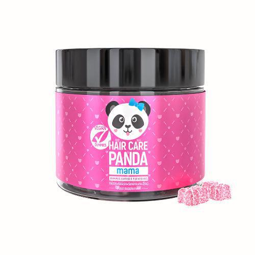 A black-lidded jar with a pink label featuring a panda with a blue bow. The label reads "Hair Care Panda Mama" and highlights that the gummies are vegan, containing biotin, selenium, and zinc. A few gummy pieces are shown beside the jar.