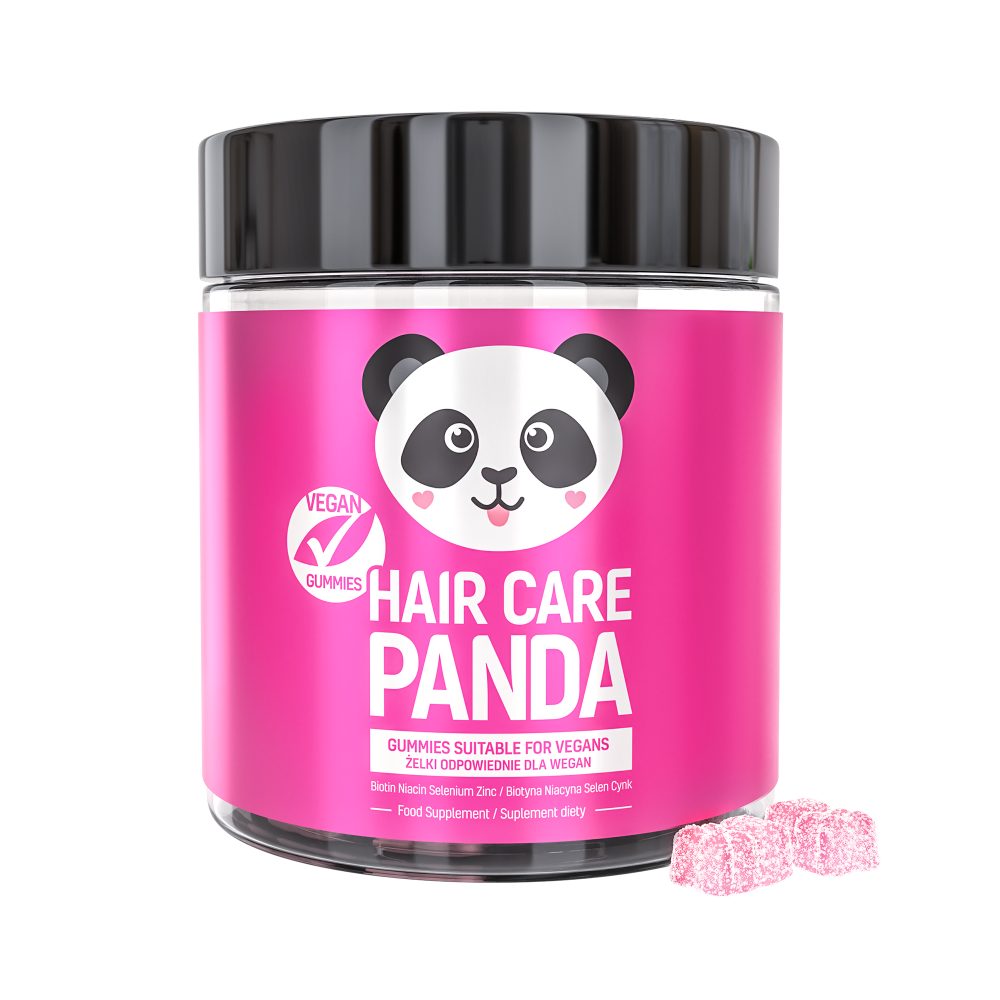 A pink jar with a black lid labeled "Hair Care Panda" containing vegan gummies, with a cute panda illustration. The jar is accompanied by a few gummy pieces shown beside it, indicating the product is suitable for vegans and is a dietary supplement.