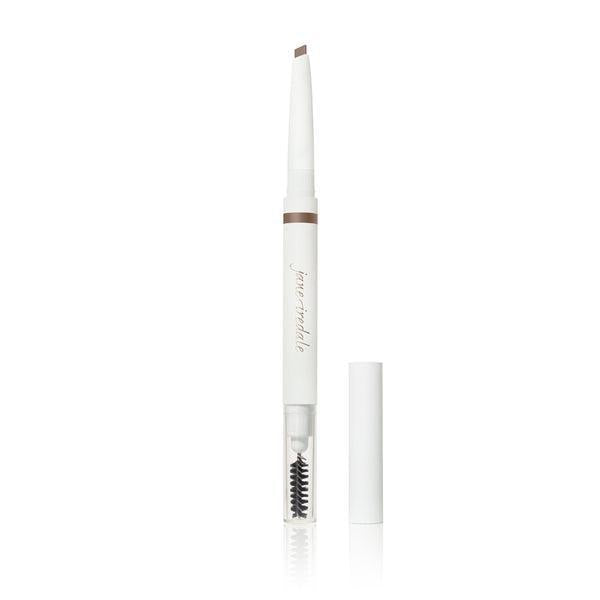A Jane Iredale Brow Pencil with a slim, white design. The pencil has a triangular tip for precision and is paired with a brush at the other end, making it easy to shape and define brows. It’s ideal for creating natural-looking, well-groomed eyebrows.