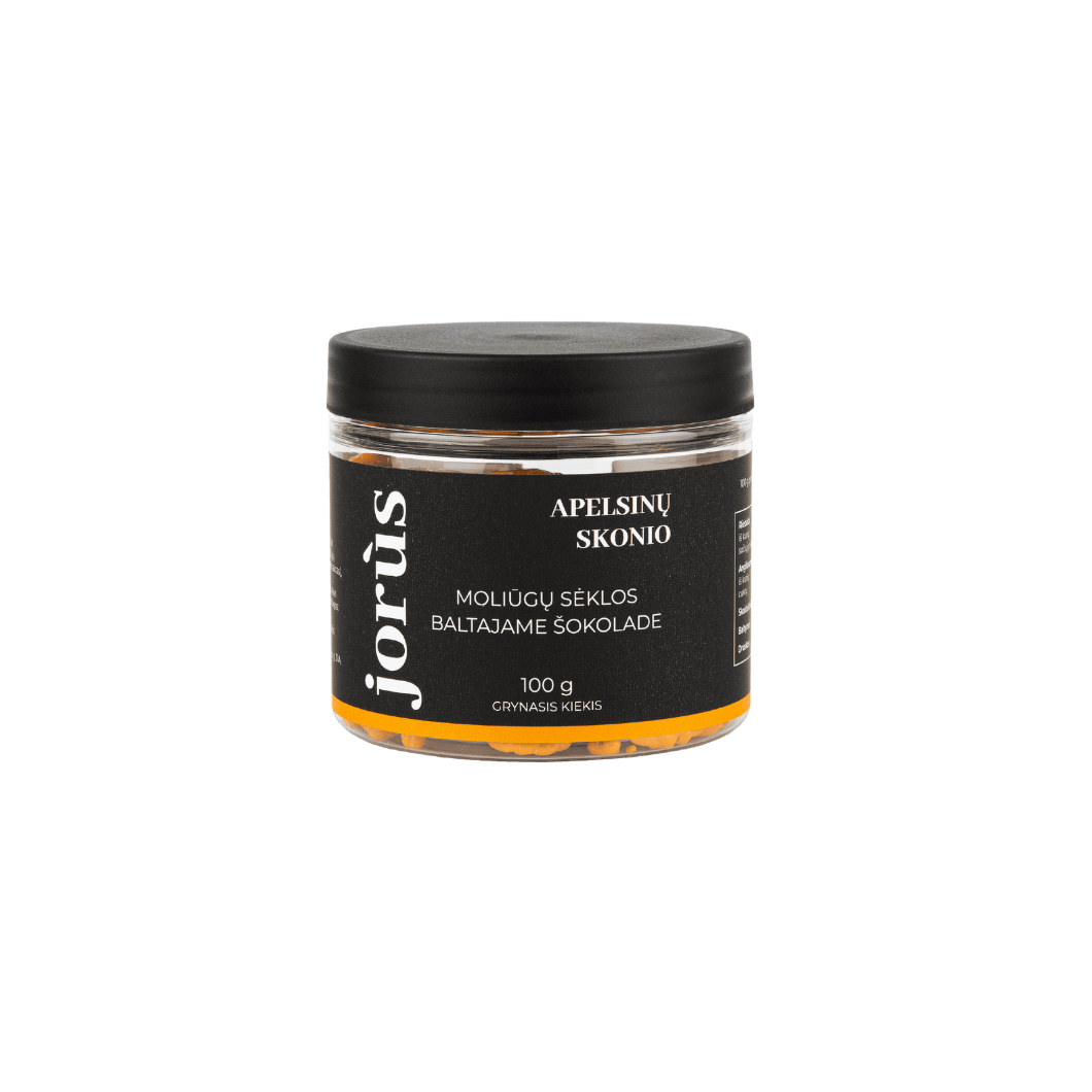 A jar of Jorus orange-flavored melon seeds coated in white chocolate. The packaging features a black lid and label, with the product name "Moliūgų sėklos baltajame šokolade" and "Apelsinų skonio" prominently displayed in Lithuanian. The net weight is 100g.