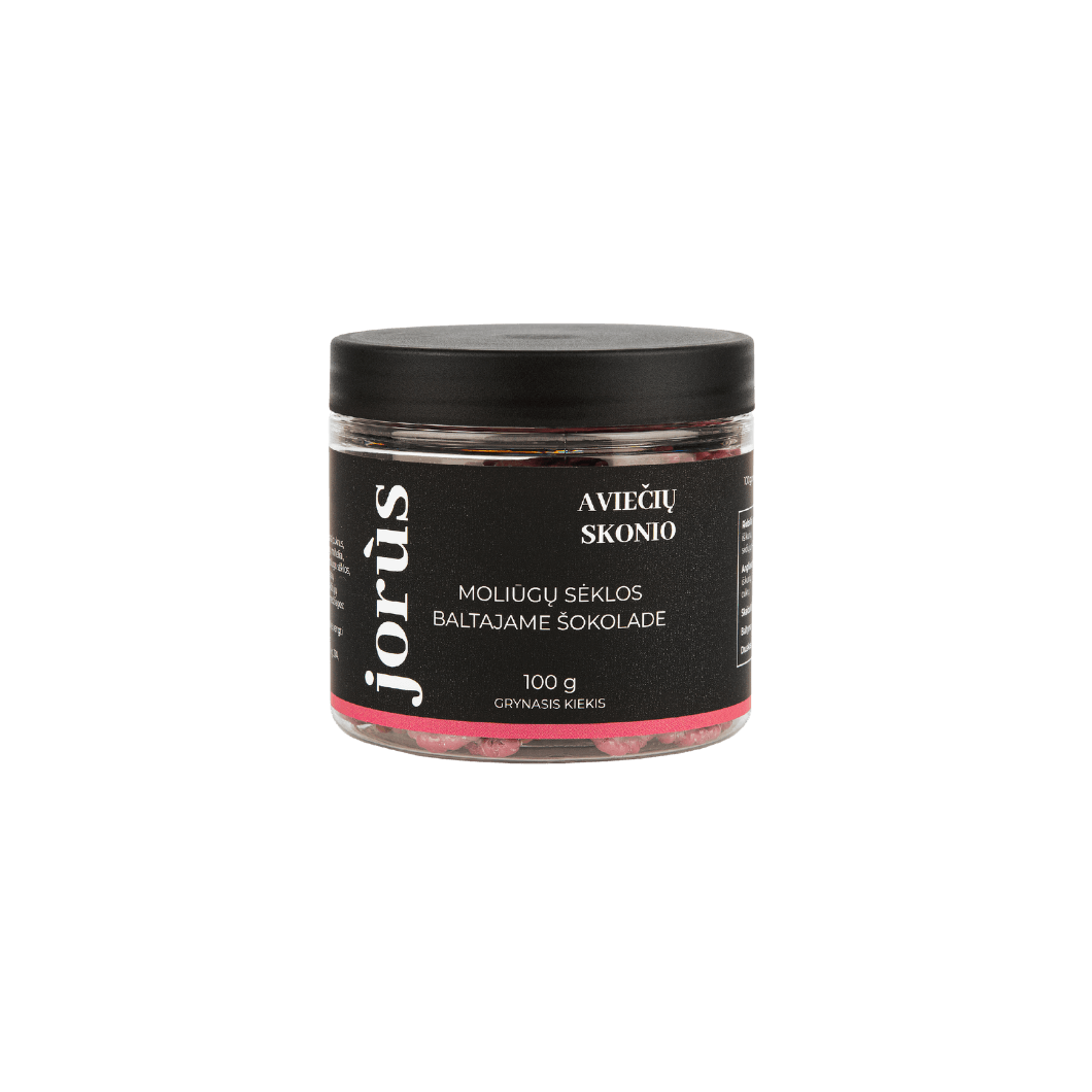 A jar of Jorus raspberry-flavored seeds coated in white chocolate. The packaging features the flavor in Lithuanian "Aviečių Skonio" and includes details such as the product weight (100g) and the brand name, with the jar showcasing the pink-colored seeds.