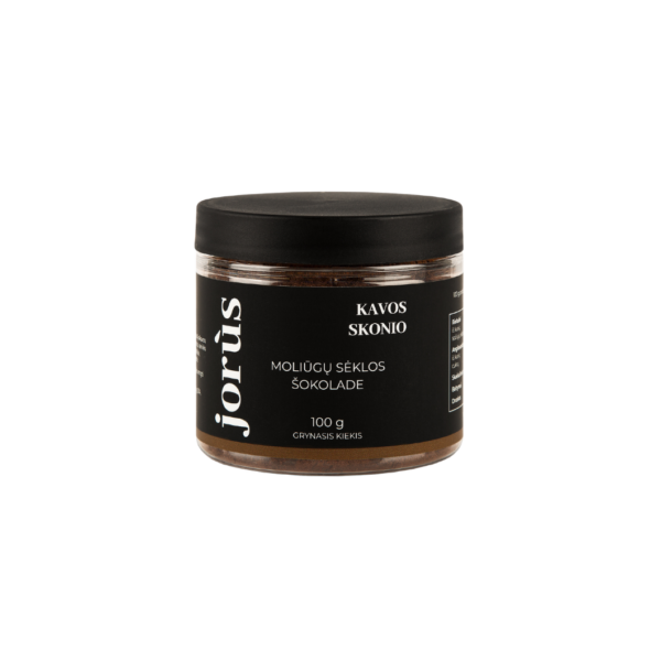 A jar of Jorus coffee-flavored product featuring a label in black, with the Lithuanian text "Kavos Skonis" and "Moliūgų Sėklos Šokolade." The jar contains 100g of the product and is labeled as "Grynas Kiekis" (Net Weight).