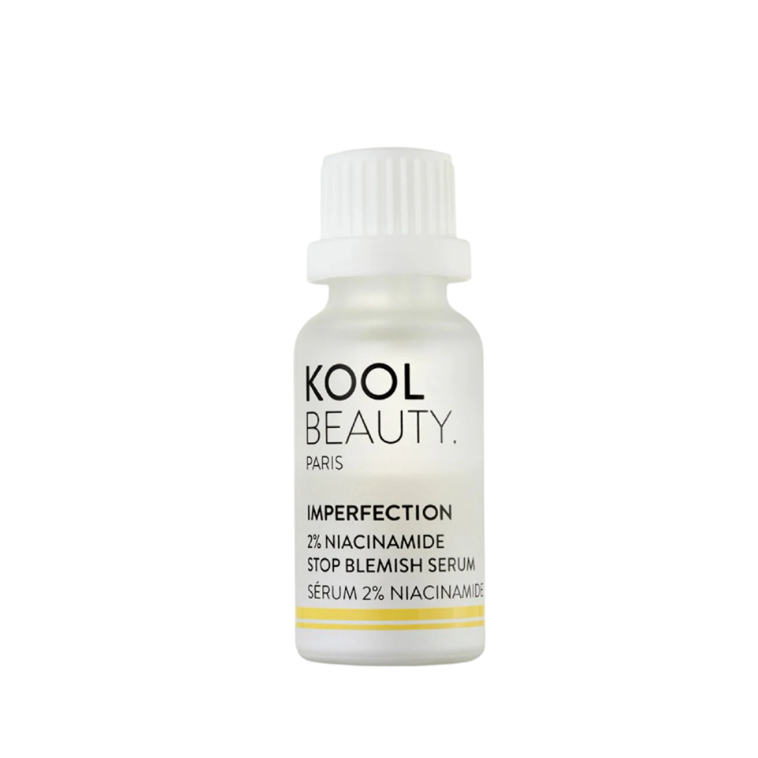 A frosted glass bottle of Kool Beauty Paris Imperfection 2% Niacinamide Stop Blemish Serum with a white cap, designed to target blemishes and enhance skin clarity with a powerful niacinamide formula.
