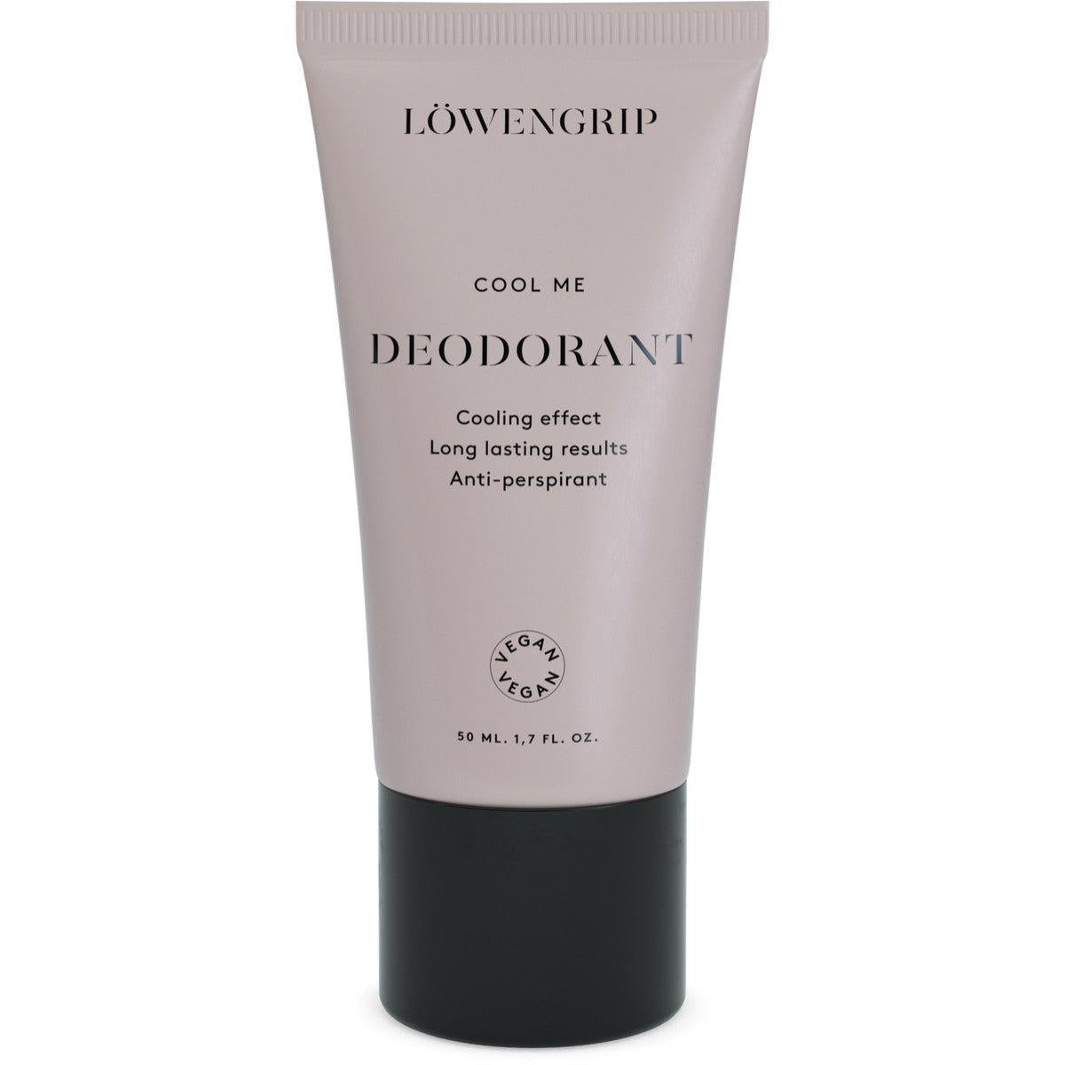A 50ml tube of Löwengrip Cool Me Deodorant, designed for long-lasting freshness with a cooling effect. This anti-perspirant provides a refreshing experience, offering lasting protection while soothing sensitive skin. It's vegan and comes in a sleek, modern packaging.