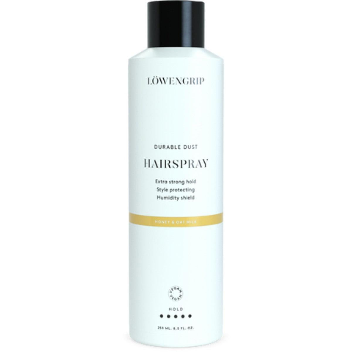 Löwengrip Durable Dust Hairspray
This hairspray offers extra strong hold while protecting your style throughout the day. It shields your hair from humidity, ensuring long-lasting volume and texture. The spray provides a natural finish, leaving your hair feeling fresh and styled without any sticky residue. It features a pleasant honey and oat milk scent, ideal for daily use.