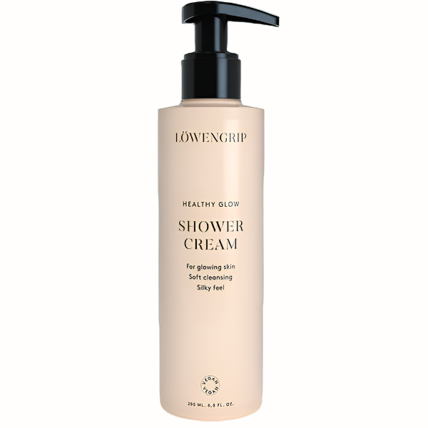 A pump bottle of Löwengrip Healthy Glow Shower Cream, designed for glowing skin with soft cleansing and a silky feel. The product is vegan, and the bottle contains 200 ml (6.8 fl. oz.).