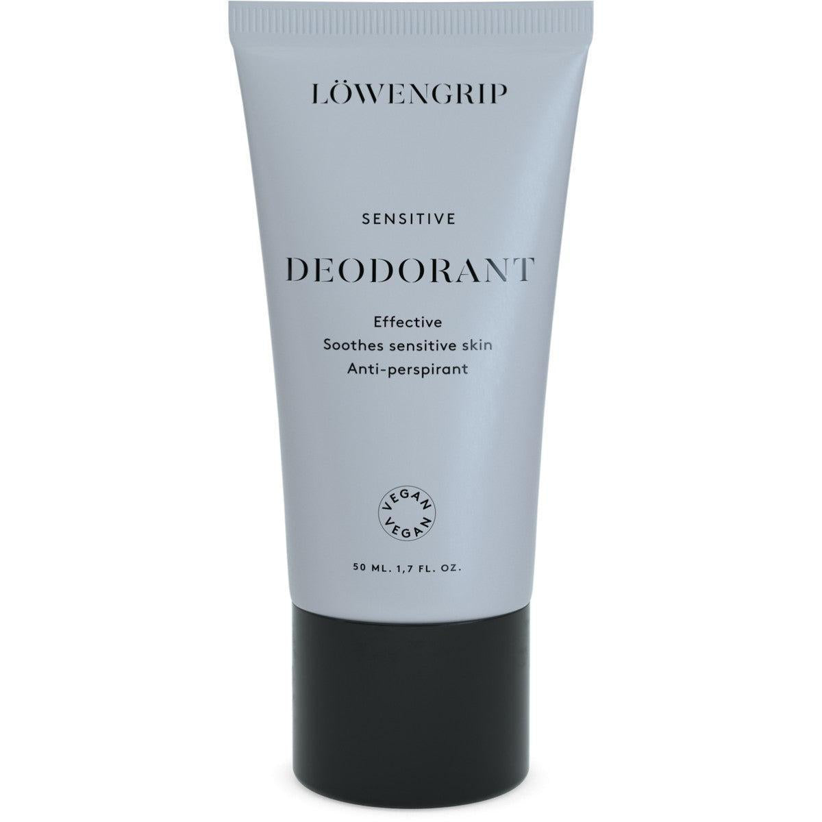 A tube of Löwengrip Sensitive Deodorant, designed for sensitive skin. The packaging is light grey with black accents, labeled "Effective" and "Soothes sensitive skin," and is marketed as an anti-perspirant with vegan certification. It has a capacity of 50 mL.