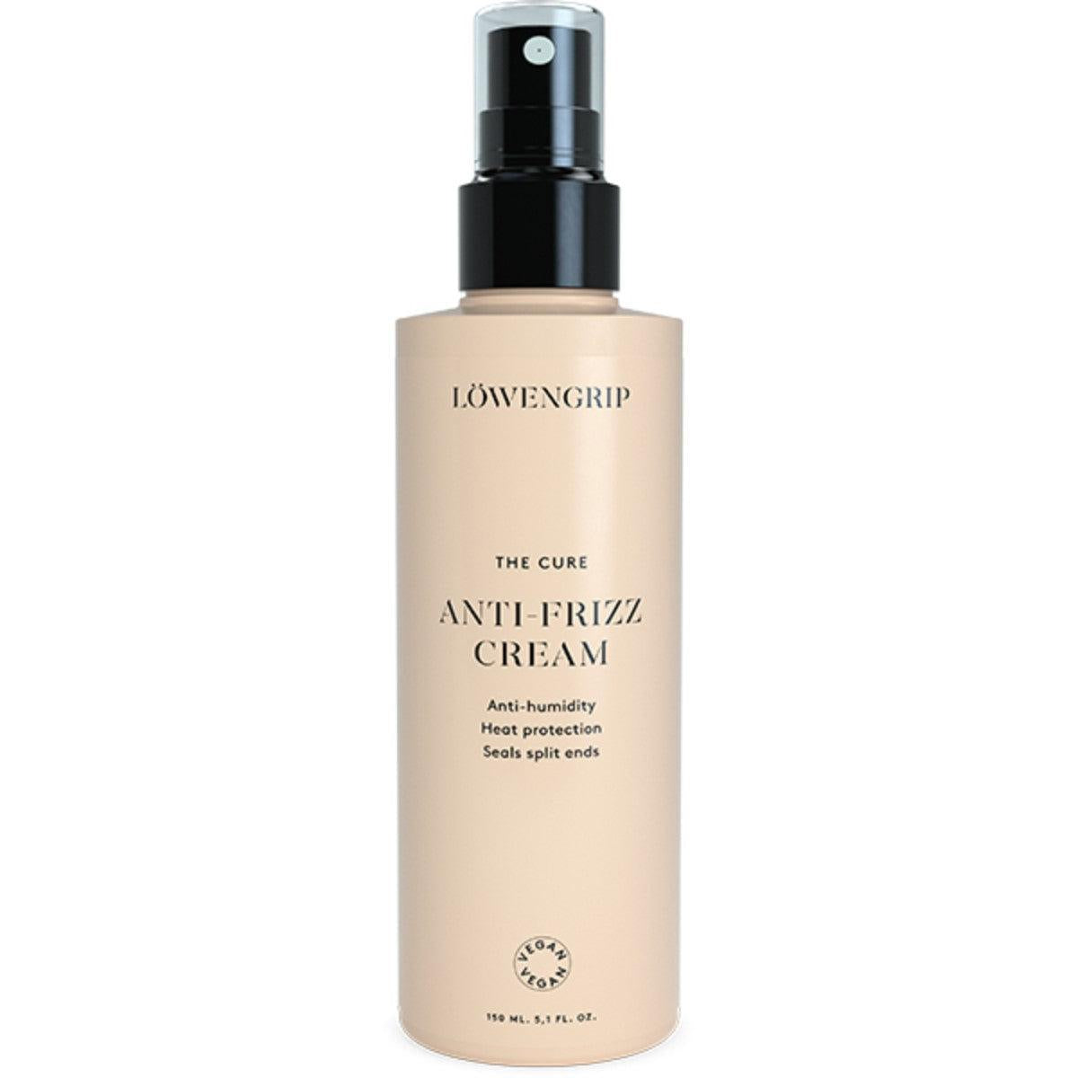 A bottle of Löwengrip Anti-Frizz Cream with a pump spray cap, labeled for anti-humidity, heat protection, and sealing split ends. The product comes in a 150 ml size and is marked as vegan.