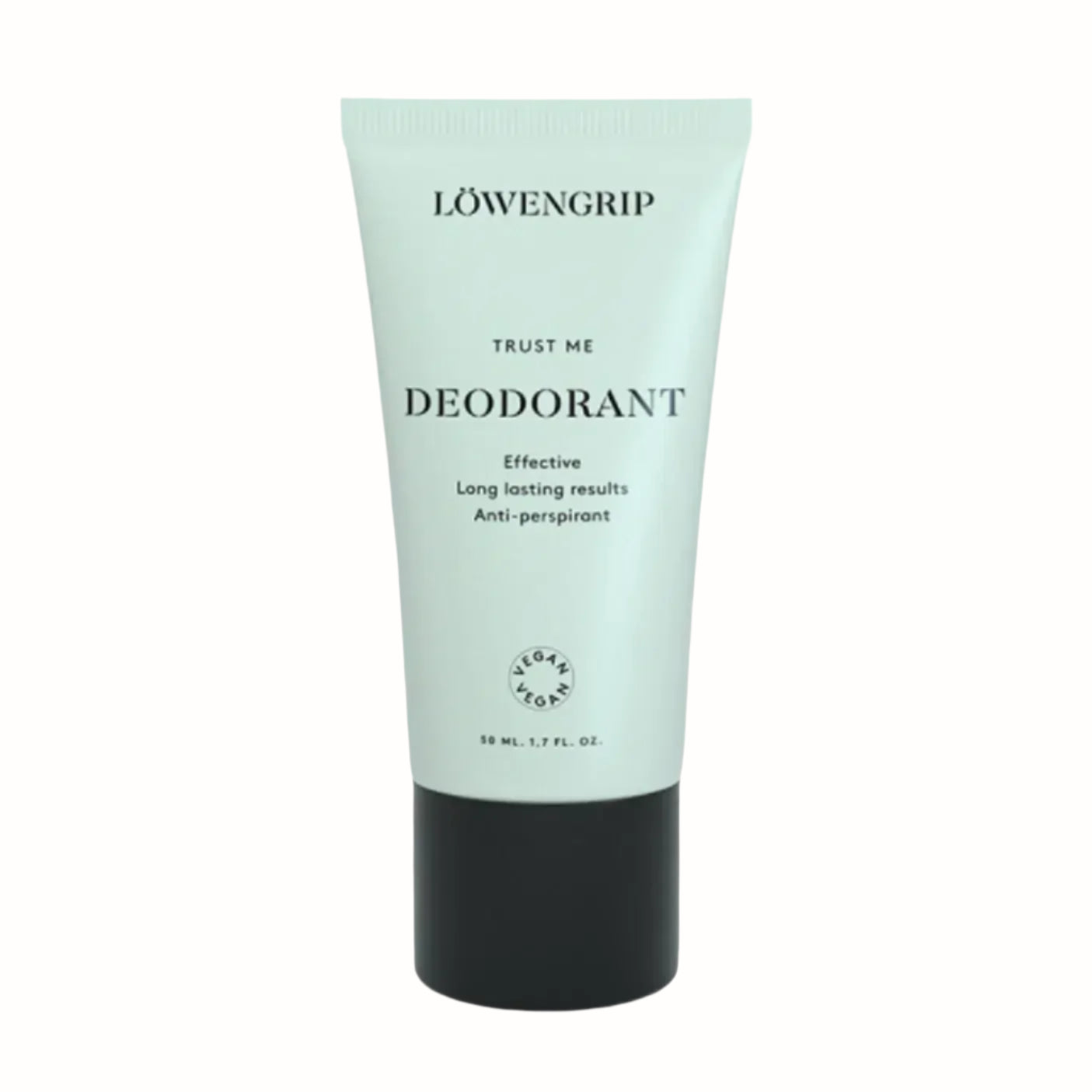 A tube of Löwengrip Trust Me deodorant in a light mint green packaging. The product promises effective, long-lasting results with anti-perspirant properties. It is labeled as vegan and comes in a 50 ml (1.7 fl. oz.) size.