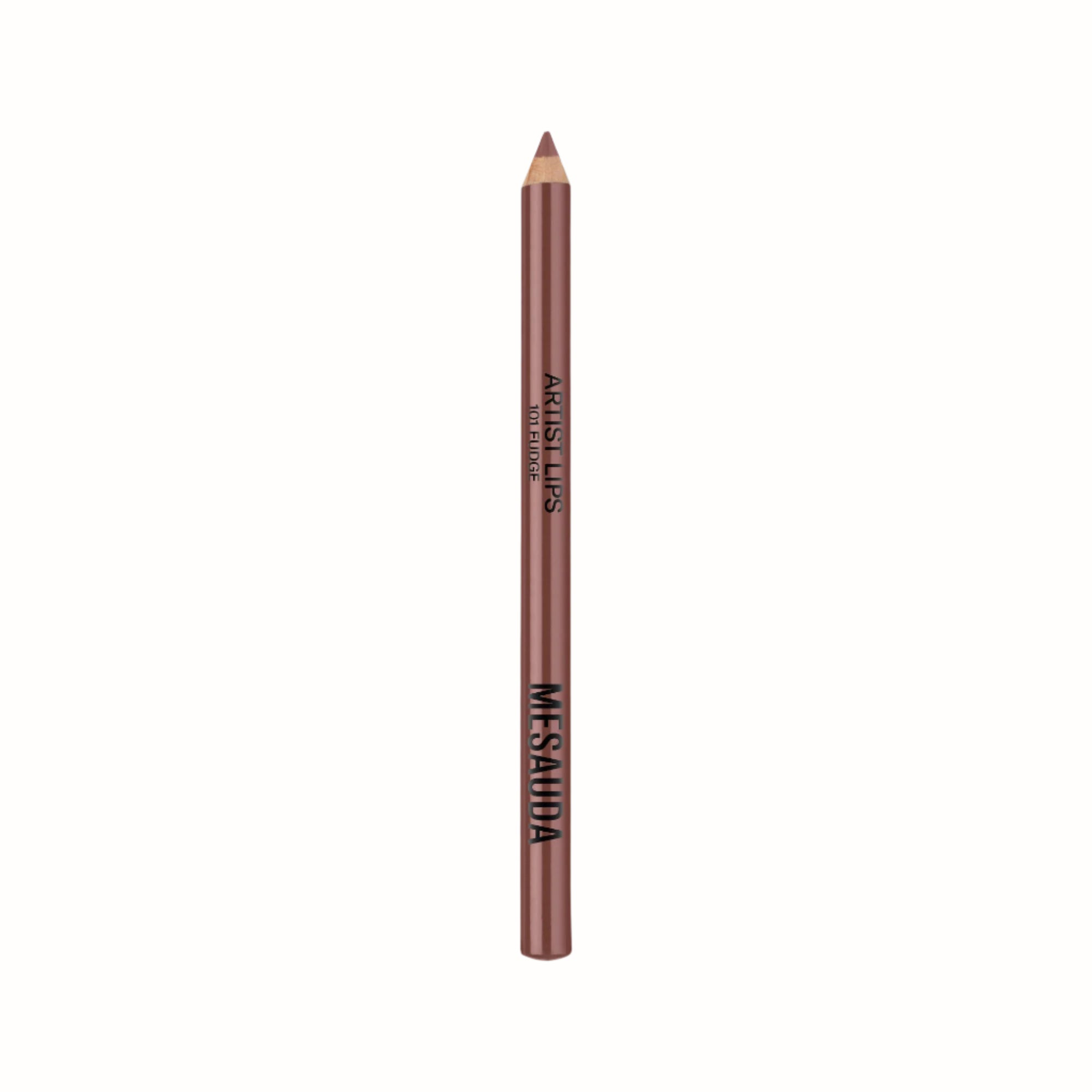 A lip liner pencil from the Mesauda Artist Lips collection, labeled "101 Fudge," in a neutral brown shade. The pencil features a sleek design with the brand name prominently displayed.