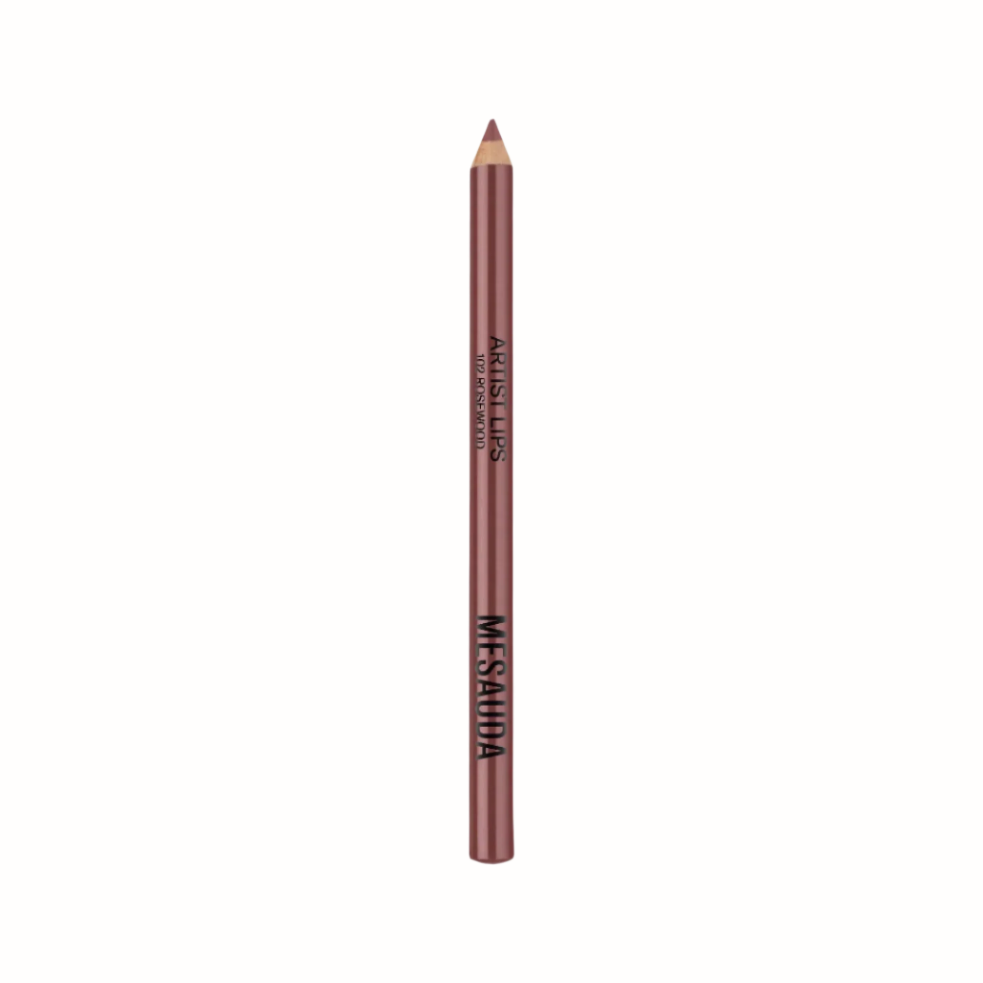 A lip liner pencil from the Mesauda Artist Lips collection, labeled "102 Rosewood," in a rich rosewood shade. The pencil features a sleek design with the brand name prominently displayed.