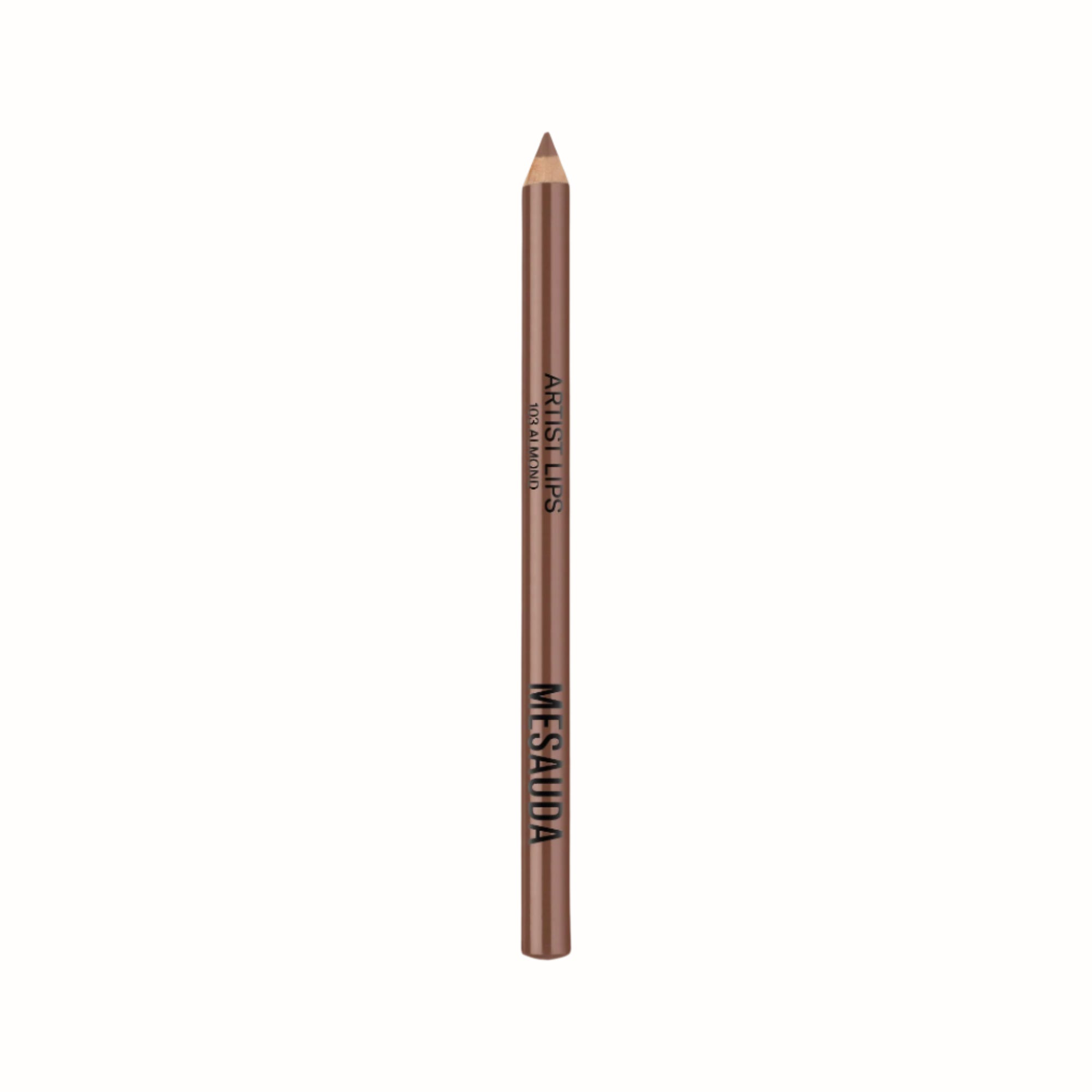 A lip liner pencil from the Mesauda Artist Lips collection, labeled "103 Almond," featuring a warm, almond-toned shade. The pencil showcases a sleek design with the brand name boldly displayed.