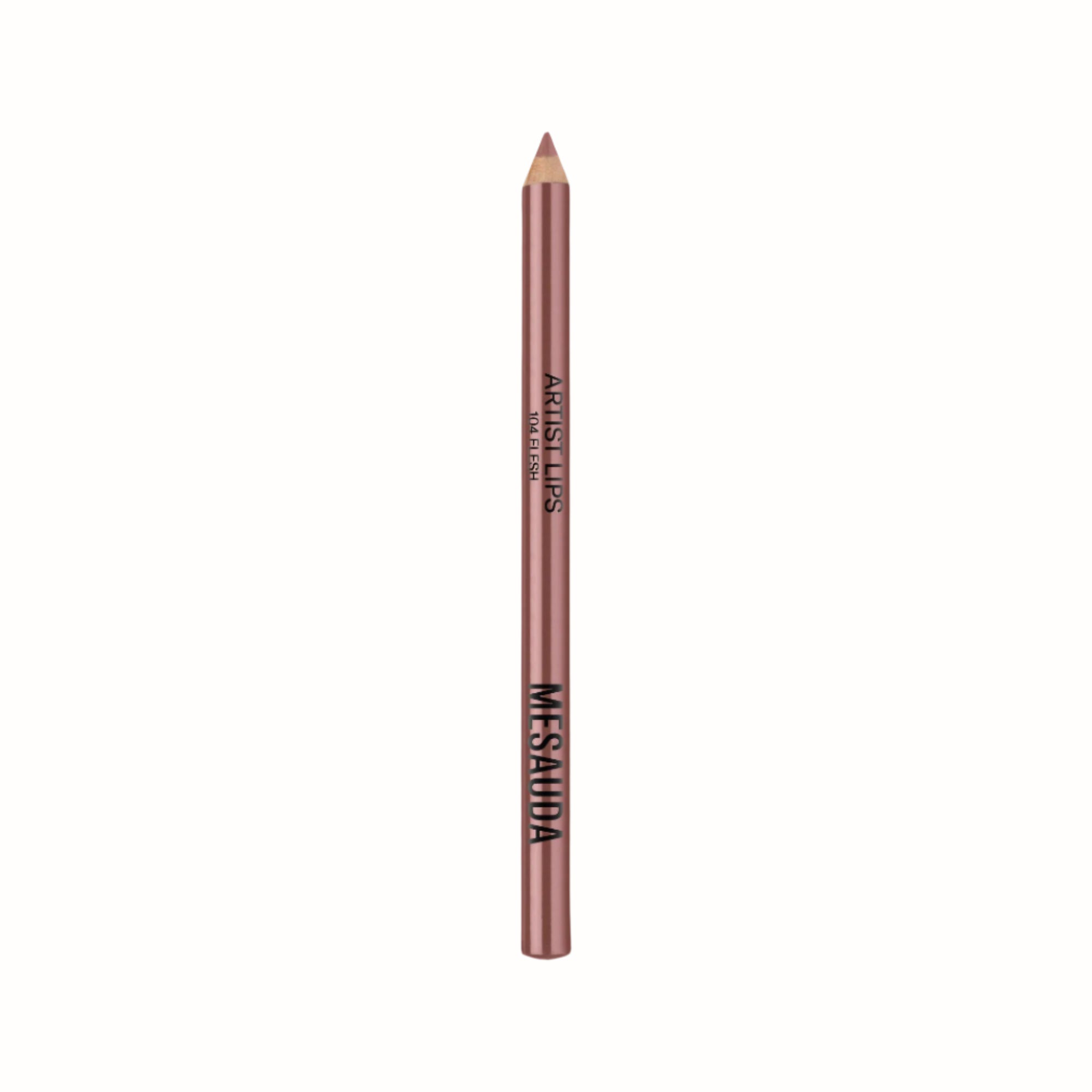 A lip liner pencil from Mesuada's Artist Lips line, labeled 104 Flesh. The pencil has a soft nude-pink color and is designed for defining and outlining lips.