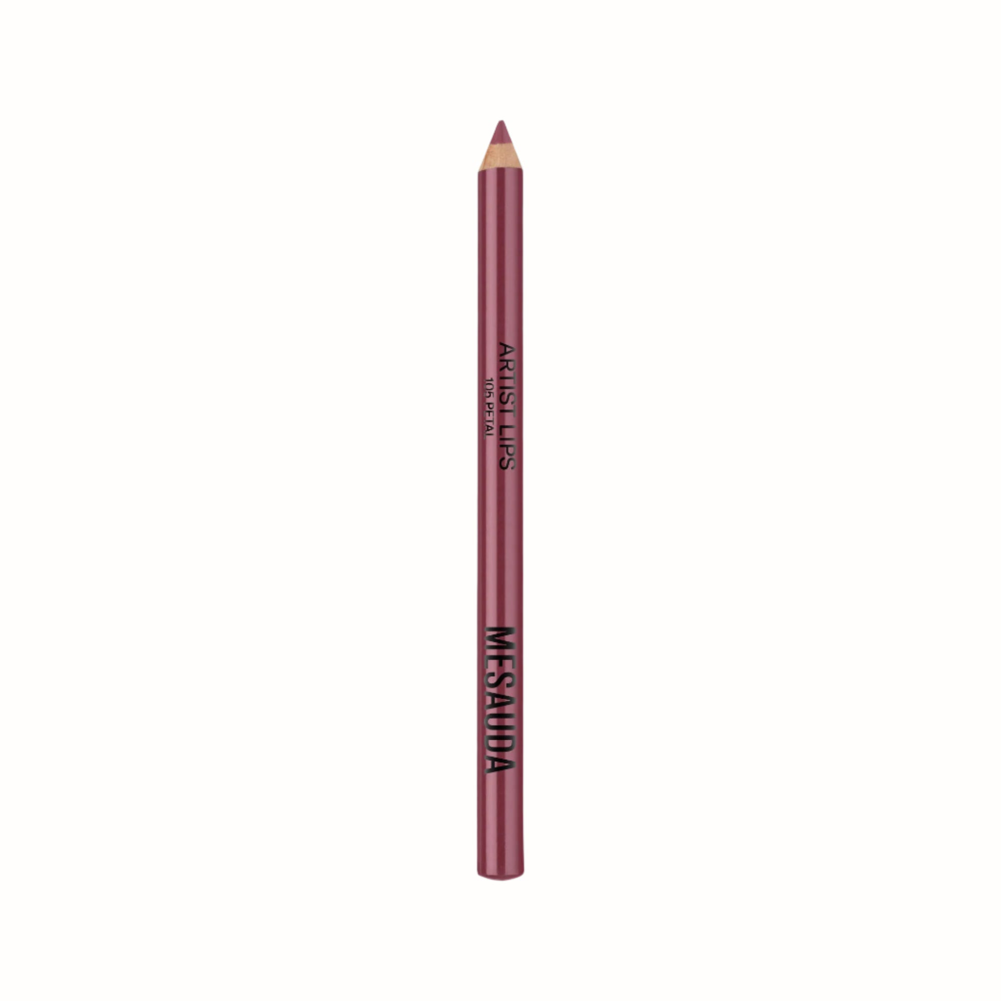 A lip liner pencil from MESAUDA's Artist Lips collection in the shade "105 Petal." The pencil has a burgundy color with a pointed tip. The brand name "MESAUDA" is displayed prominently on the pencil.
