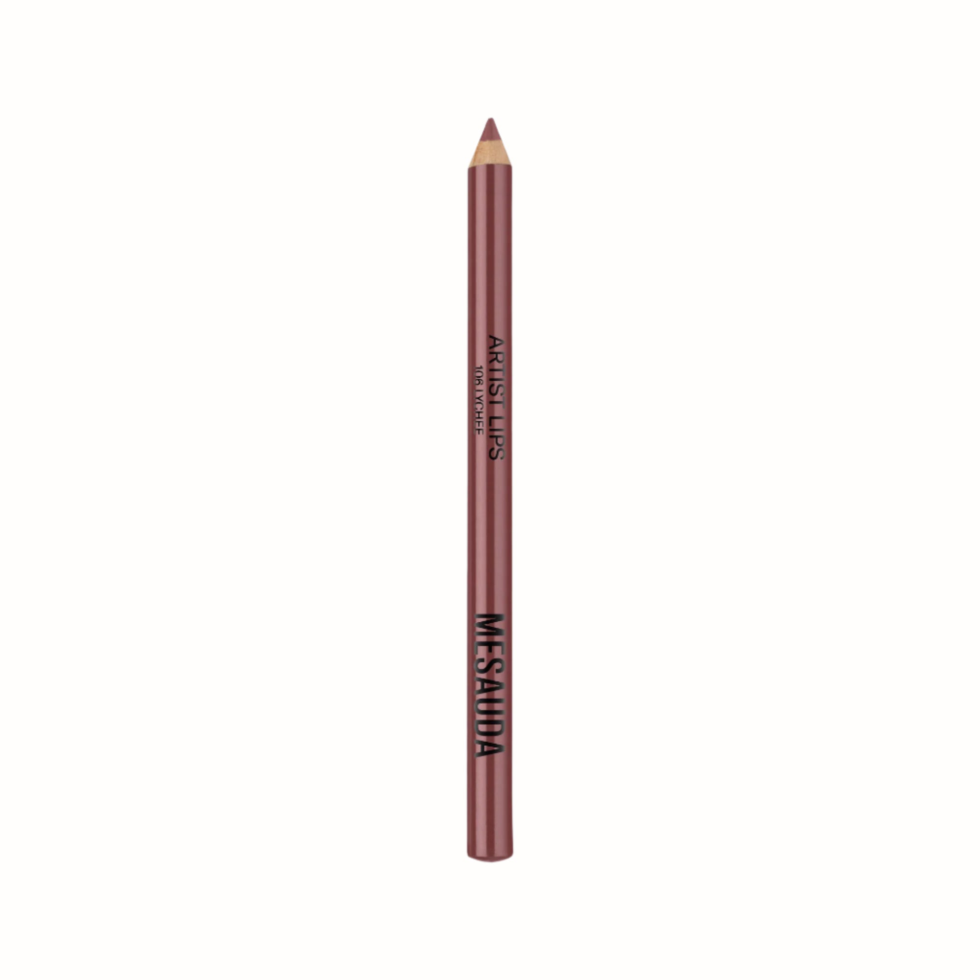 A lipstick pencil from Messauda's Artist Lips collection in the shade "106 Ivy Chef," featuring a rosewood color. The pencil is sleek and branded with the Messauda logo on its side.