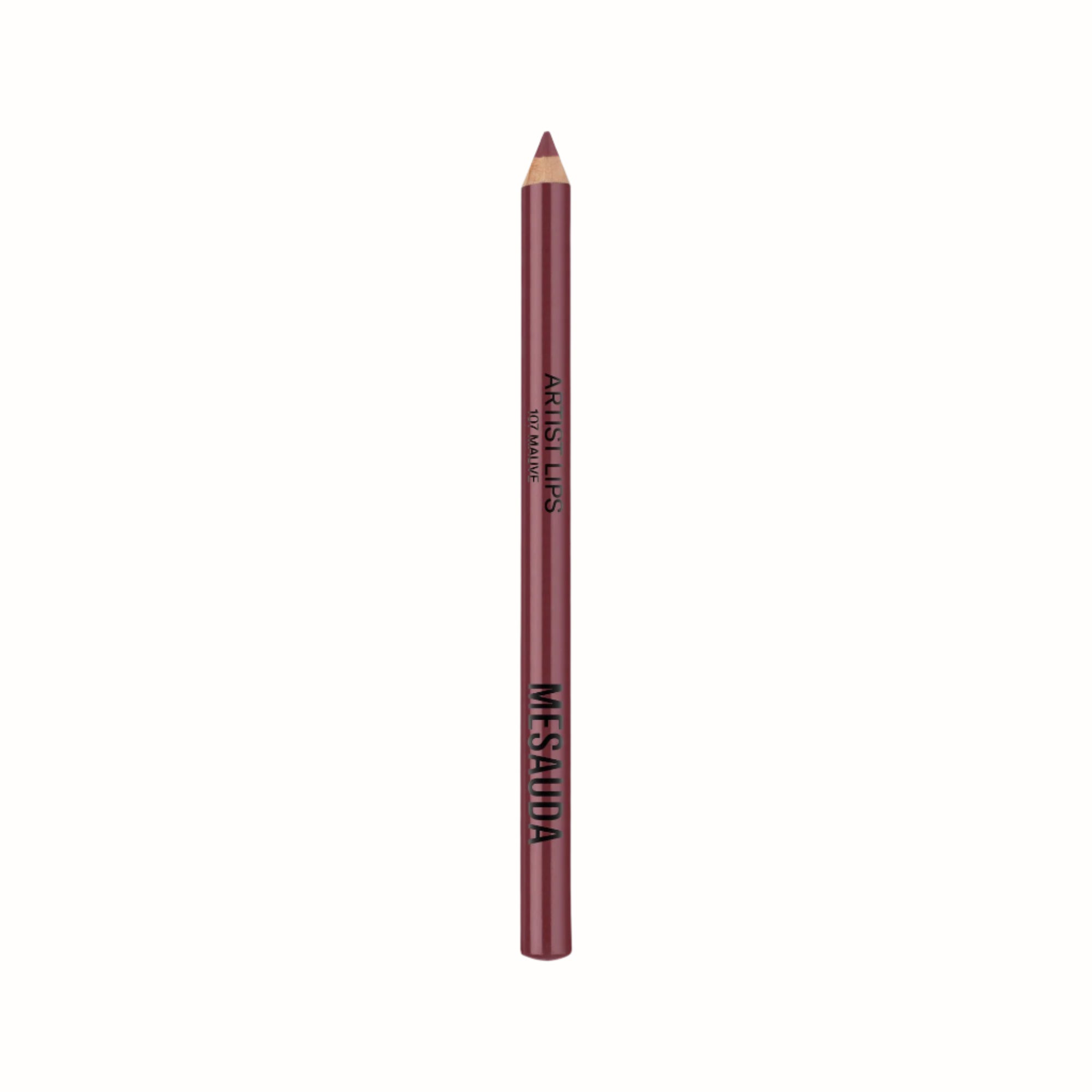 A close-up image of a Mesuada Artist Lips lip liner pencil in the color "Mauve." The pencil is a deep mauve shade, and the packaging displays the product name and brand "Mesuada" written in bold text.