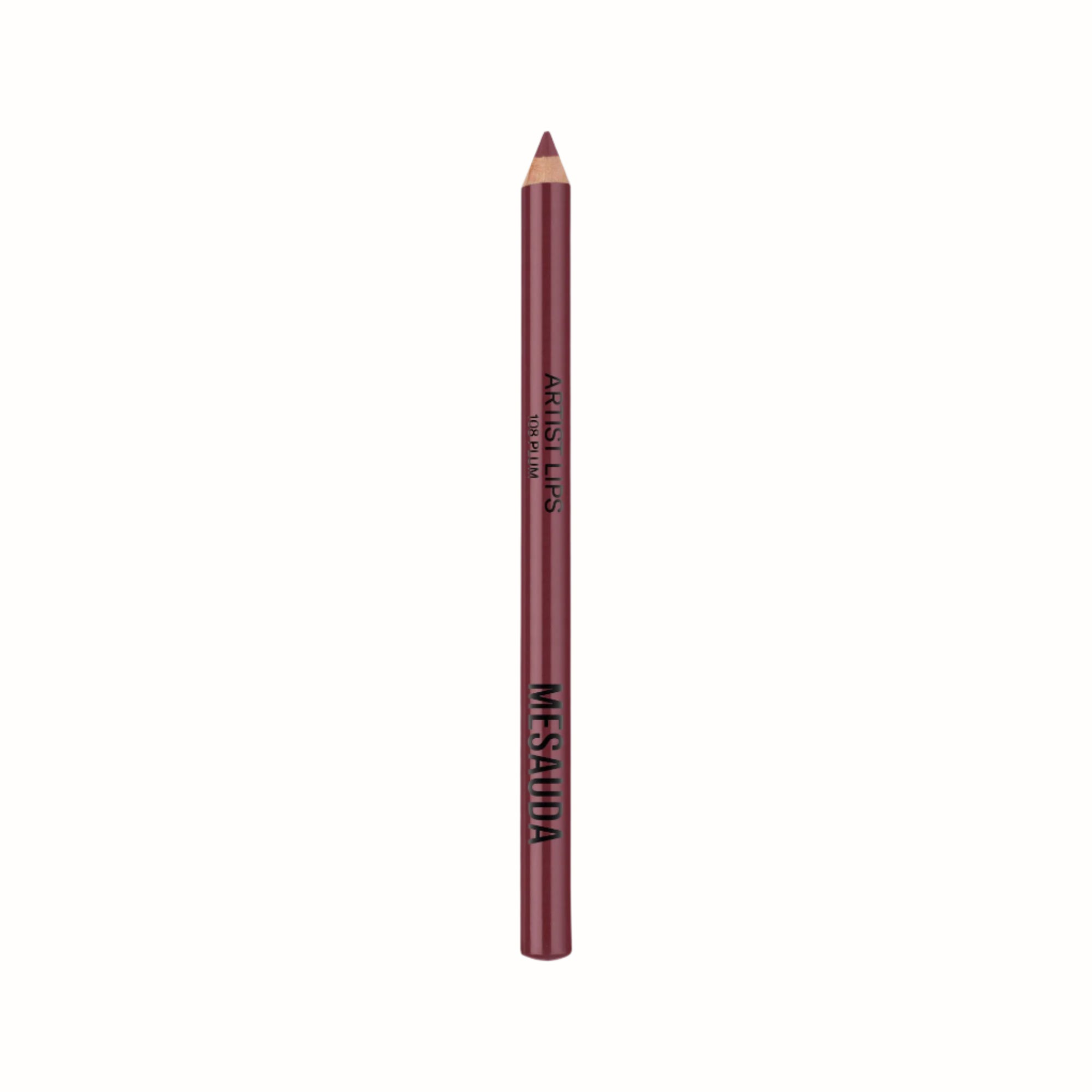 A lip liner pencil from Mesaunda's Artist Lips collection, labeled with "108 Plum." The pencil is burgundy with a pointed tip, showcasing a rich plum color for defining and contouring lips. The brand name "MESAUDA" is printed in black along the body of the pencil.