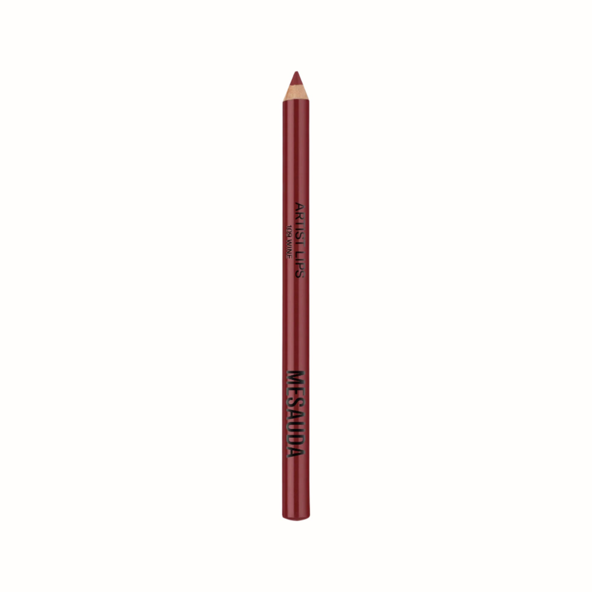 A lip liner pencil from Mesauda's Artist Lips range in the shade "Wine" (109). The pencil has a deep, rich wine color, with the brand name "MESAUDA" clearly printed on the casing.