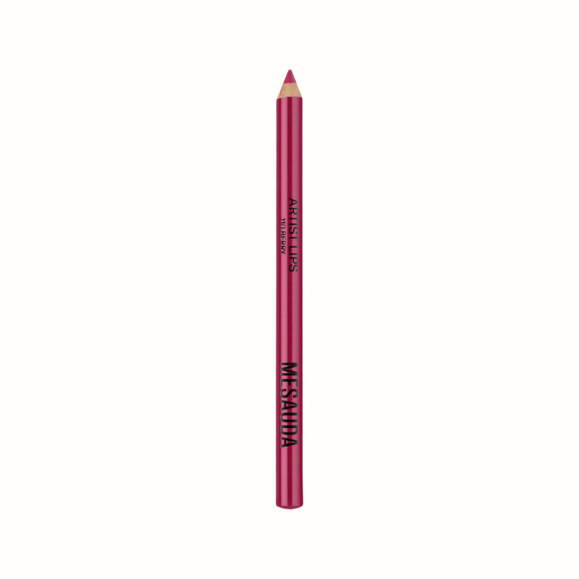 A MesAuda Artist Lips lip liner pencil in the shade 110 Berry, featuring a vibrant berry-red color. The pencil is marked with the brand's logo in black, and the shade name "110 Berry" is printed on the side.