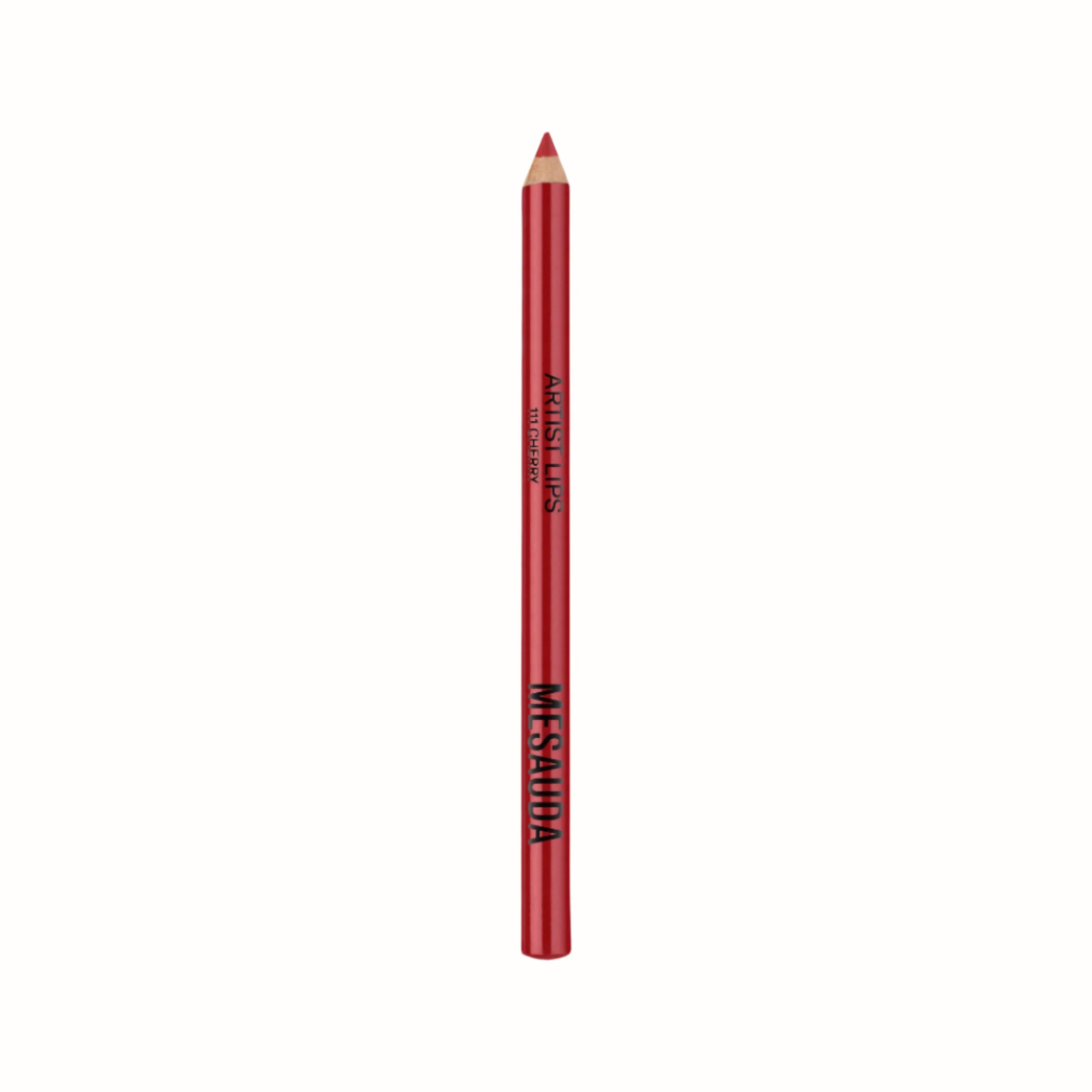 A MESAUDA Artist Lips lip liner pencil in the shade "111 CHERRY" with a vibrant red color. The pencil is labeled with the MESAUDA brand name and the product name, "Artist Lips," in bold letters. The pencil is designed for defining lips and creating a clean, sharp outline.