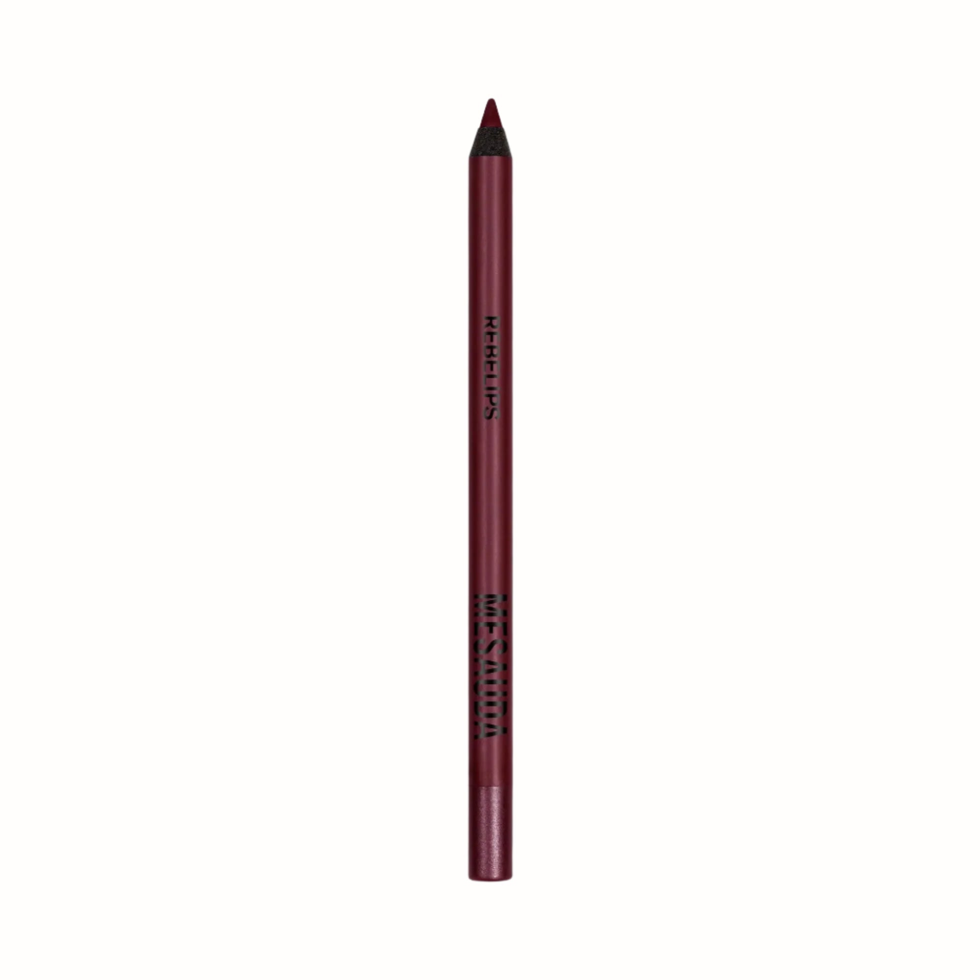 A sleek red lip liner pencil from the Rebel Lips collection by Mesauda, with a sharp, pointed tip for precise application. The pencil's body is marked with the Rebel Lips brand name and features a rich, bold shade perfect for defining and accentuating lips.