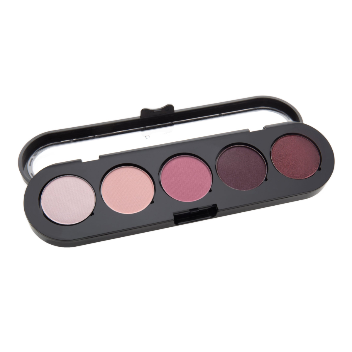 A sleek black eyeshadow palette with five shades of soft pinks and rich purples, housed in a compact case with a clear lid.