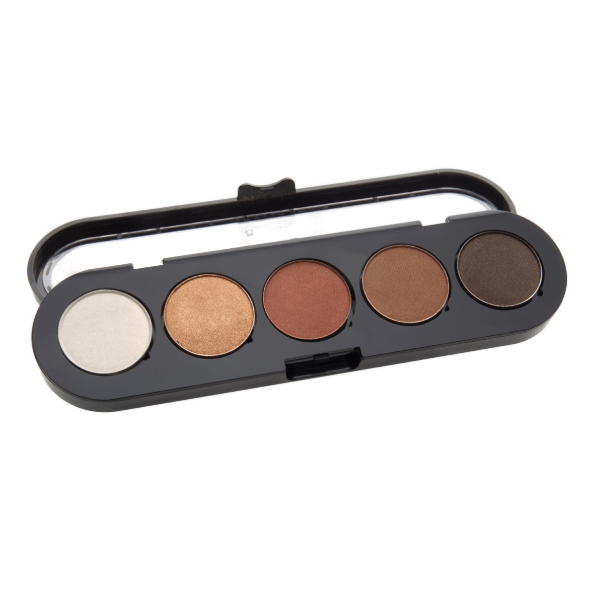 A sleek black eyeshadow palette featuring five warm shades, from light metallic silver to deep brown, housed in a compact case with a clear lid.