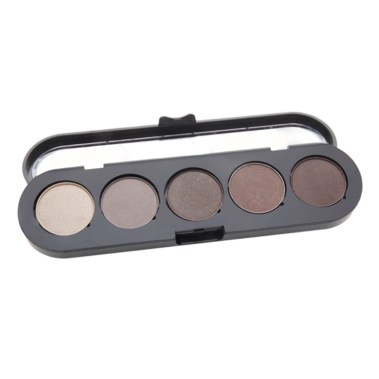 A sleek black eyeshadow palette featuring five shades of neutral browns, from light beige to deep chocolate, housed in a compact case with a clear lid.