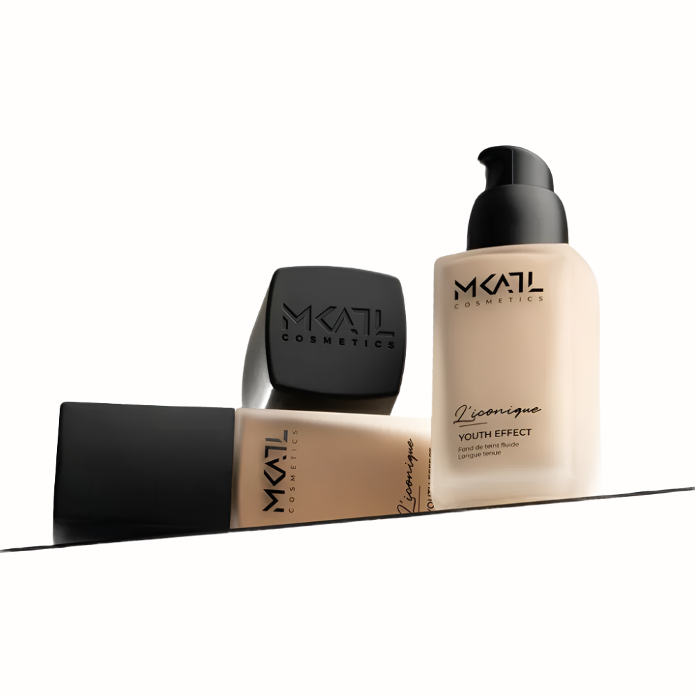 A set of three foundation bottles from MKATL Cosmetics, featuring different packaging styles. The foundations include a pump bottle for easy application and provide a smooth, long-lasting finish, aimed at delivering a youthful glow with effective coverage.