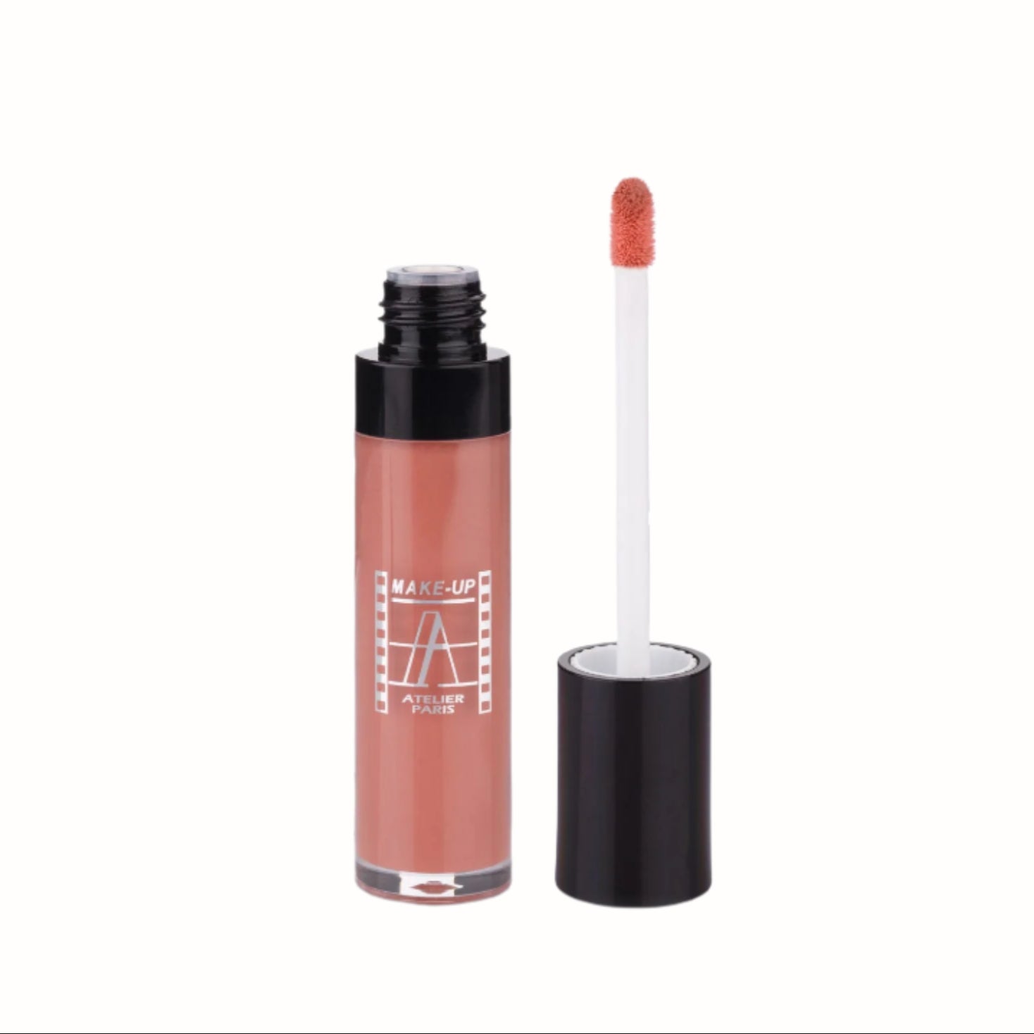 A clear bottle with a black cap containing a peachy pink lip gloss. The gloss has a glossy finish and is shown with its applicator, a small doe-foot wand, for precise application.
