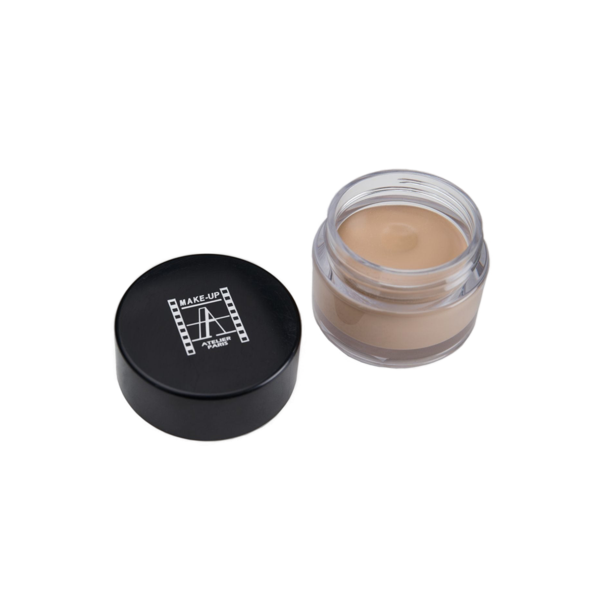 A clear jar with a black lid containing a creamy, full-coverage foundation. The foundation provides a smooth and even finish, ideal for achieving a flawless look with its rich and blendable formula.