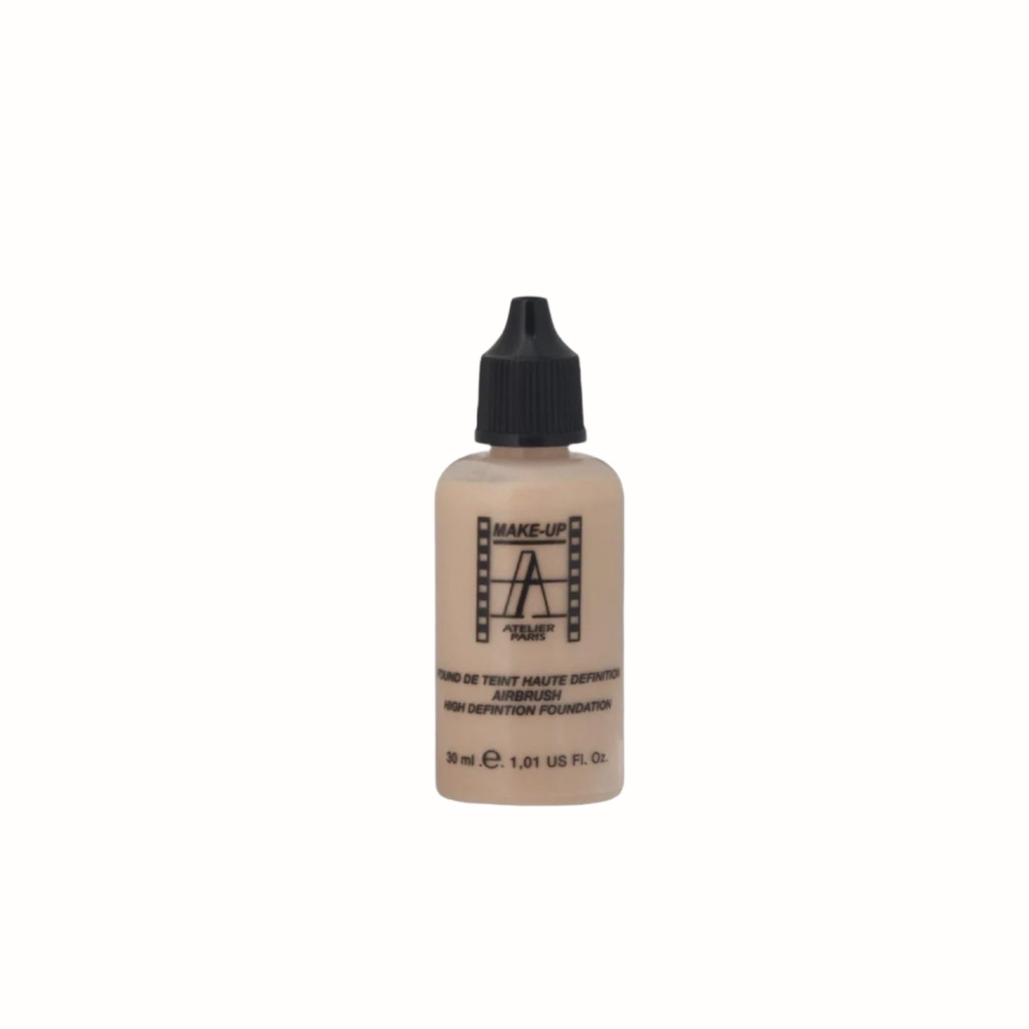 A bottle of liquid foundation with a dropper, offering high-definition coverage for a smooth, airbrushed finish. The product is ideal for achieving a flawless complexion with a lightweight and breathable formula.