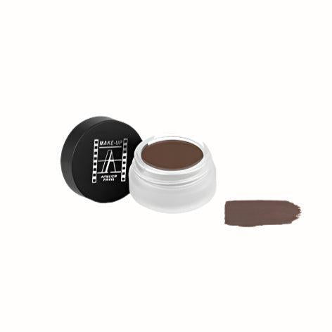 A clear jar with a black lid containing a rich, dark brown eyebrow pomade. The pomade is creamy and smooth, designed for shaping and filling in brows, with a swatch of the product shown beside the jar.