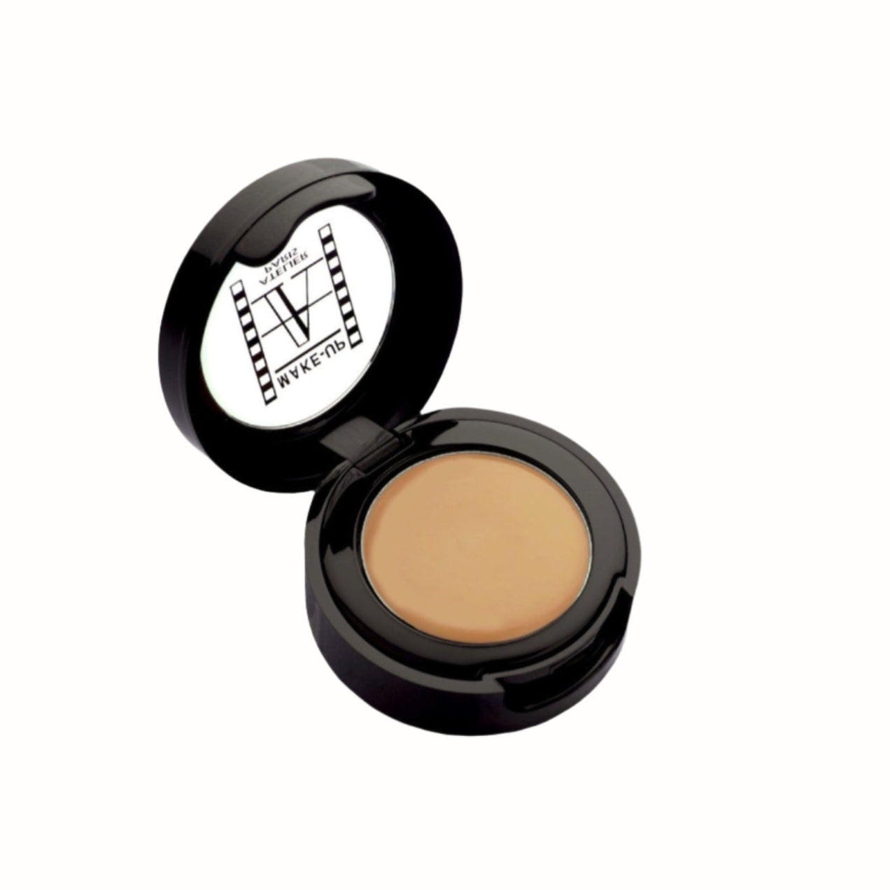 A small, black compact with a clear lid, containing a smooth, creamy concealer in a light tan shade. The concealer is designed for covering blemishes and imperfections, with "Make-Up Atelier Paris" branding on the lid.