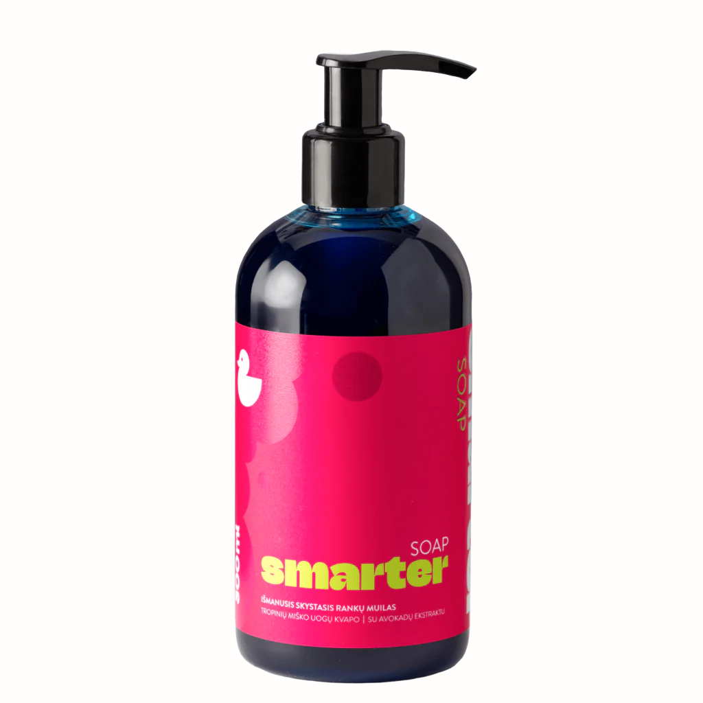 A bottle of Smarter liquid hand soap with a tropical fruit fragrance and avocado extract, featuring a colorful pink and green label. The soap is packaged in a pump bottle.