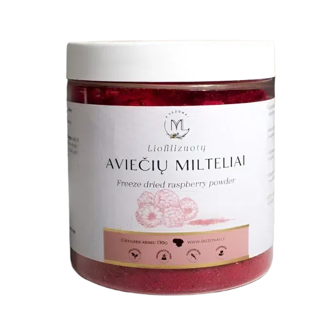 A white jar labeled "Aviečių Milteliai" (Freeze Dried Raspberry Powder), featuring a vibrant red powder inside and a minimalist design with raspberry imagery and product details. The jar contains 130g of raspberry powder.