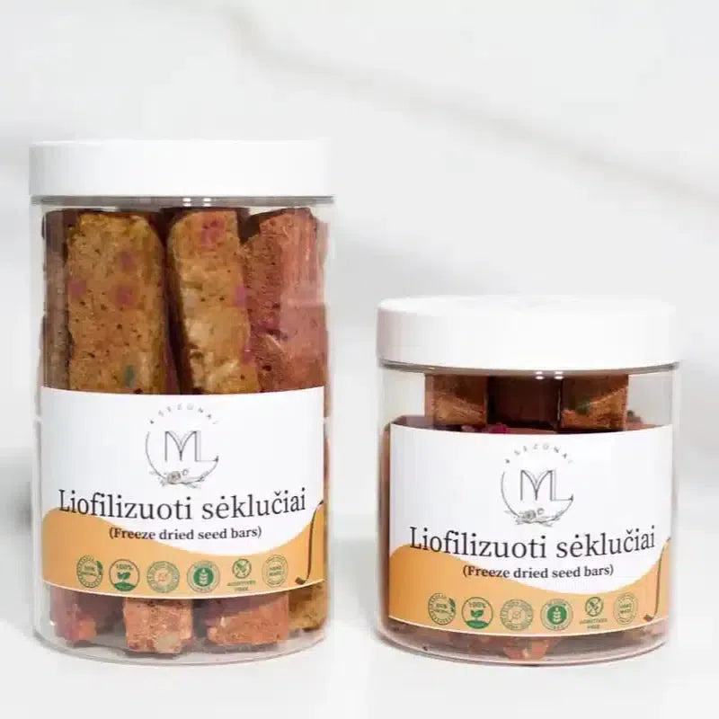 Liofilizuoti sėklučiai-4 sezonai-Obuoliai, bananai, avietės, saulėgrąžų sėklos, moliūgų sėklos, sezamų sėklos, linų sėmenys, nelukštentos kanapių sėklos, chia sėklos-Misiule.lt